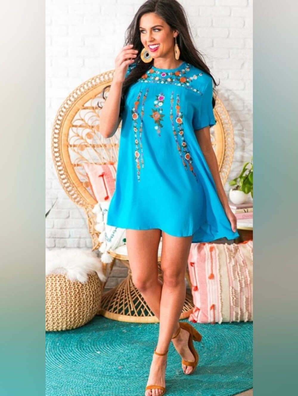NWOT Boho Embroidered Teal/Turquoise Short Sleeve Swing Dress Women's